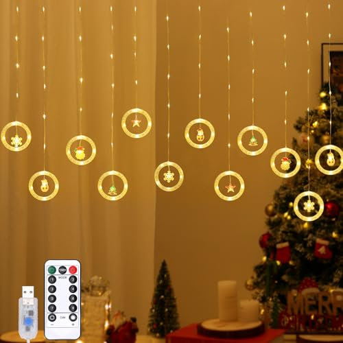Lewondr 138 LED Weihnachtsvorhang Lichter, Märchenhafte Lichter mit 6H Timer & 8 Modi, USB & Fernbedienung Zeichenfolge Lichter für Weihnachten Schlafzimmer Indoor Dekoration, Warmes Licht