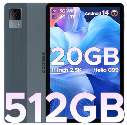 DOOGEE T40 Tablet,11 Inch Android Tablets, 20GB RAM + 512GB ROM Tablet, Android 14 Tablet 2.5K, Helio G99 Tablets, 8580mAh Battery, Android Tablet 16MP + 8MP, 4 Stereo Speakers, Dual 4G LTE, Gray