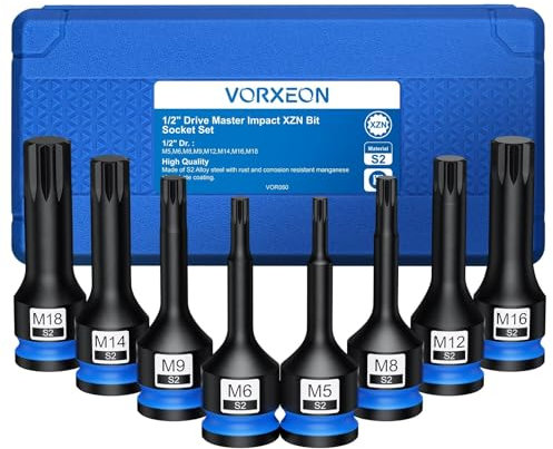 VORXEON 8PCS XZN Vielzahn Nuss Satz 1/2 Kraft Steckschlüssel Satz M5/M6/M8/M9/M12/M14/M16/M18 S2 mit Aufbewahrungsbox