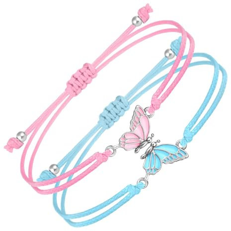 WHENZOO 2Pcs Friendship Bracelets, Best Friend Bracelets with Butterfly Pendant, Friendship Bracelets for Girls, Handmade Charm Butterfly Bracelets for Friends Sisters Couples