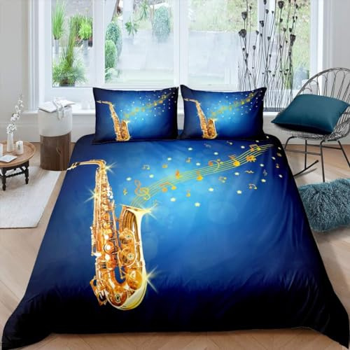 Homemissing King Boys' Saxophone Comforter Cover Set Girls' Music Theme Bedding Set Blue Gold Music Pattern Duvet Cover Instrument Flash Decoration