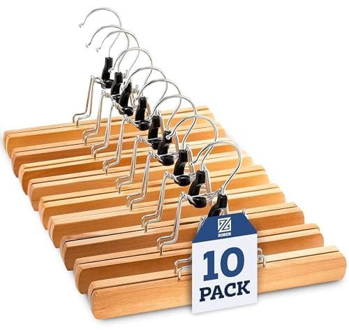 Wooden Trouser Hangers with Skirt Clamp - 10 Pack, Natural Wooden Hanger for Trousers and Skirts, Space-Saving Clothes Trouser Hanger for Women & Men
