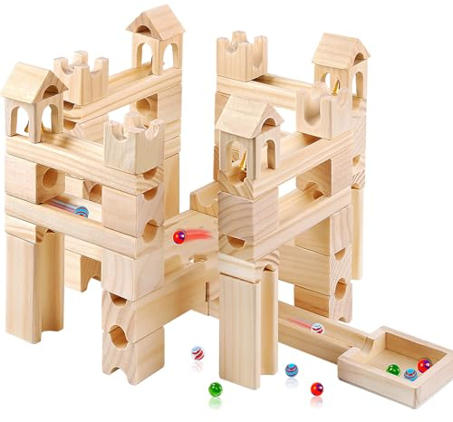Wooden Marble Run for Kids Ages 4-8 – 80 Pieces Marble Rush Track Maze Construction Toy, STEM Building Blocks, Educational Gift for Boys & Girls