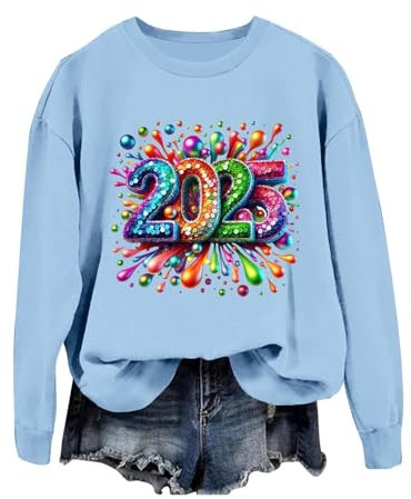 Damen Herbst und Winter Rundhals Langarm Sweatshirt Bedrucktes Oberteil Weihnachtspullover Pullover Mit Spitze Damen (Light Blue-3, XL)