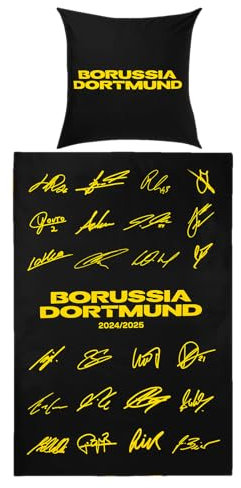 Borussia Dortmund BVB Bettwäsche Unterschriften 2024/25, schwarz, 135 x 200 cm mit Reißverschluss, doppeltes Design