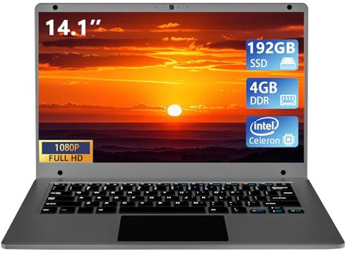 Morostron 14,1-Zoll-Laptop-Computer, Celeron Quad-Core bis zu 2,2 GHz, 4 GB RAM und 192 GB SSD,W11-Laptop-Computer mit FHD IPS, schlankes und leichtes Notebook, Arbeits- und Studenten-Laptops,Grau,WPS
