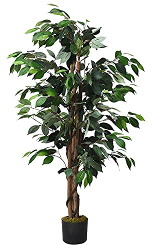 Fake Ficus Tree, 4FT Tall Potted Artificial Weeping Fig Tree w/ 504 Leaves, 3 Trunks, Dried Moss, Faux Tree for Home Living Room Office Decoration Indoor