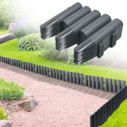 NAIZY Rasenkante Kunststoff 8,4m Gartenpalisade in Holzoptik, Beeteinfassung Beetumrandung Anthrazit Kantenstein Randstein, 28x24cm (30 Stück)