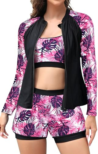 SHEKINI Women's 3 Piece Rash Guard Long Sleeve Modest Athletic Swimsuit Set | Zipper, Wetsuit Top, Padded, Sports Bra, Boyshorts