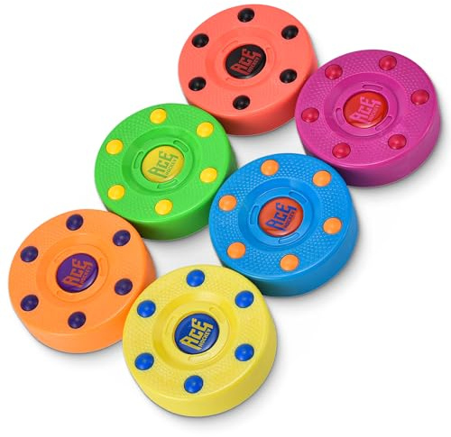 ACE HOCKEY Street/Roller Hockey Pucks – 6-Pack, 3 Regulation Size – Indoor/Outdoor Practice for Asphalt, Concrete & Sport Court – Smooth Gliding Pucks for Inline & DEK Hockey – Bright Rainbow Colors