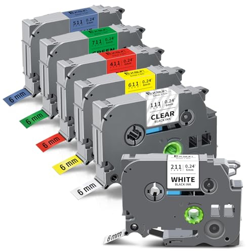 Exsun 6er-Pack kompatibel TZe-211 TZe-111 TZe-411 TZe-511 TZe-611 TZe-711 | als Ersatz für Brother 6mm 0,24 Etikettenband für P-touch PT-H107B PT-H105 PT-H110 PT-H200 PT-D410 PT-H100R PT-P710BT