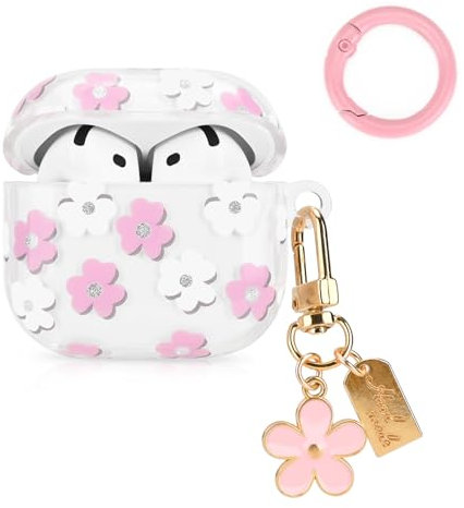 Newseego für Airpods 4 Hülle, Süß Blumenmuster Transparent Case mit Karabiner und Süßem Blume Anhänger Weich TPU Schutzhülle Stoßfest Dünn Niedlich Kompatibel mit AirPods 4. Generation Rosa+Weiß