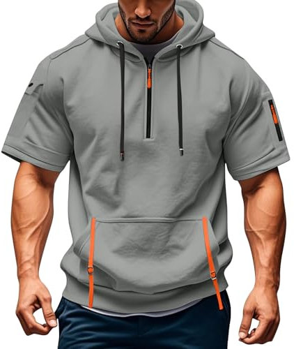 T Shirt Herren mit Kapuze Kurzarm Kapuzenpullover mits Taschen Kordelzug Sommer Kurz Hoodie Sport Tshirt Personalisierte Kapuzenshirt Freizeit Sweatshirt Atmungsaktives Sportshirt(Light Gray,XL)