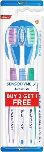 Sensodyne Sensitive Zahnbürste, weich, 3 Stück, 2 Stück, sanft für empfindliche Zähne und Zahnfleisch, weiche Borsten, ovaler Kopf, schlanker Hals, bequemer Griff, 3 verschiedene Farben