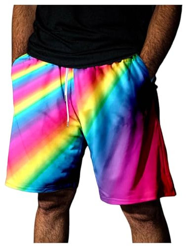 Pantaloncini da spiaggia da uomo con stampa arcobaleno elastico in vita in tessuto ad asciugatura rapida 12,7 cm cavallo pantaloni casual estivi, Rosa acceso, S