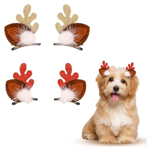 XNHIU 4 x Weihnachts-Hunde-Haarspangen, Pailletten, Glitzer, Schleife, Geweih, Haarspange, schöne Tier-Haarspangen, Haustiergeweih, Kopfschmuck für Hunde und Katzen