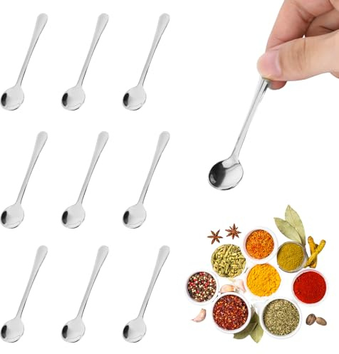 10 cucchiai da caffè in argento, in acciaio inox, piccoli cucchiai per barattoli di spezie, 7,5 x 1,5 cm, cucchiaini da caffè, dolci, per caffè, miele, sale, zucchero e spezie