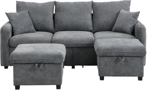 Emmtore Multifunktionale Ecksofa U-Form-Dreisitzer Polster-Sofa mit Staufunktion – Inklusive Schubladen + Hocker mit Staufach, modular zerlegbares Sofa-Set mit Schlaffunktion (Dunkelgrau)