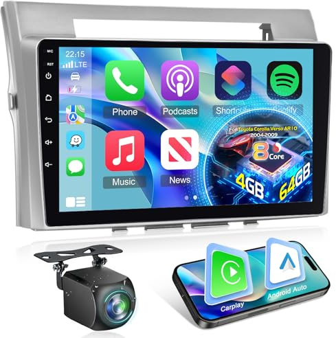8 Core Qualcomm 4G+64G Autoradio für Toyota Corolla Verso AR10 2004-2009 mit Wireless Carplay & Android Auto, 9 Zoll Autoradio mit WiFi/GPS/Bluetooth 5.1/FM Radio/DPS Hi-Res
