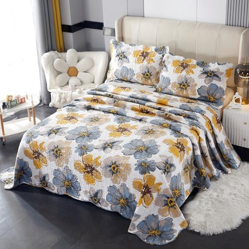 USTIDE Elegant Floral Quilt Bedspread King 3 Pieces Cotton Comforter Set Colorful Bed Cover with 2 Pillowcases