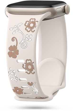Floral Gravierte Armbands für Apple Watch Armband 40mm 42mm 44mm 38mm 46mm 45mm 41mm 49mm Damen,Zweifarbige Blume Weiches Silikon Sport Band für Apple Watch Series 11 10 9 8 7 6 5 4 SE 3/2nd Armband