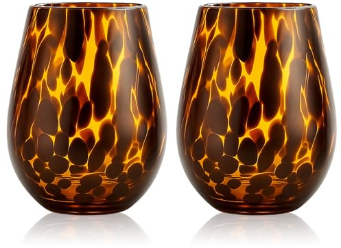 SiliFine Tortoise Shell Colored Stemless Wine Glasses, Hand Blown Colorful Wine Glasses, 19oz Amber Brown Colored Glassware, Ideal Glassware Tumbler for Gin, Tequila, Vodka, Soft Drinks (Set of 2)