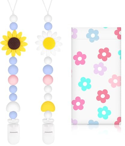 2er Pack Baby Schnullerkette Silikon mit Sicherheitsclip, Pacifier Chain | Schnullerband für Jungen & Mädchen, Schnullerketten für Kinderwagen und Babytragen, Geschenk zur Geburt Mädchen