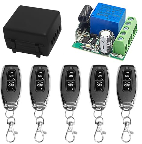 QIACHIP Interruttore radio telecomando relè 433 MHz, 5V 12V 24V modulo ricevitore 1 canale con 5 trasmettitori, Controller contatti privi di potenziale per porte del garage, luci, porte