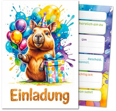 JuNa-Experten 12 Einladungskarten zum Kindergeburtstag Jungen Mädchen Kinder Tiere Capybara coole Einladungen Geburtstag Mädchengeburtstag Jungsgeburtstag Geburtstagseinladungen Taufe Einschulung