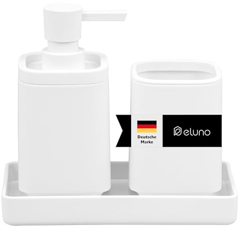 eluno Badezimmer-Set VALONA mit Soft-Touch Oberfläche, Bad-Accessoires Set 3tlg. aus 1x Seifenspender, 1x Becher und 1x Schale, für Badezimmer, Gäste-WC und Küche aus robustem Kunststoff (Weiß)