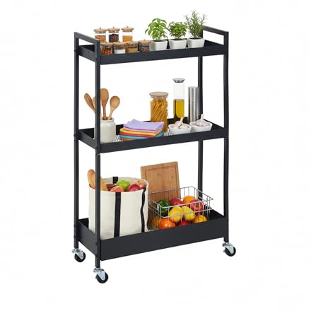 Relaxdays Nischenwagen, 3 Ebenen, Mesh-Design, HBT: 85 x 20 x 50 cm, Badezimmer, Küche, Metall, Rollwagen, schwarz