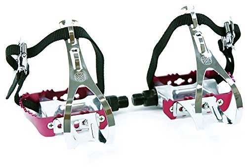 Rot Eloxierte Fahrrad Pedale mit Pedalhaken 9/16 Zoll Gewinde Pedalkäfig für SingleSpeed Fixy Retro Rennrad Bike Vintage - Edelstahl Haken mit einfachem Nylonriemen