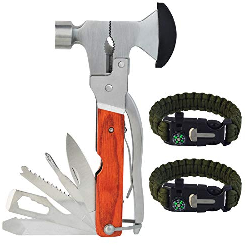 Rbenxia 16-in-1 Tragbares Hammer Werkzeug Edelstahl Multifunktions Beil Werkzeug mit 2 Packungen Einstellbare Survival Armbänder für Camping, Jagd, Notfall