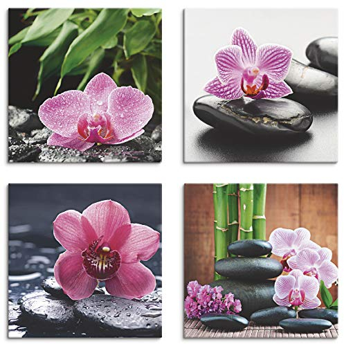 ARTLAND Wanddeko Wellness Bilder Leinwand Bilder Set 4tlg. je 30x30 cm Quadratisch Wandbilder Zen Orchidee Stein Tropfen Spa S6MH