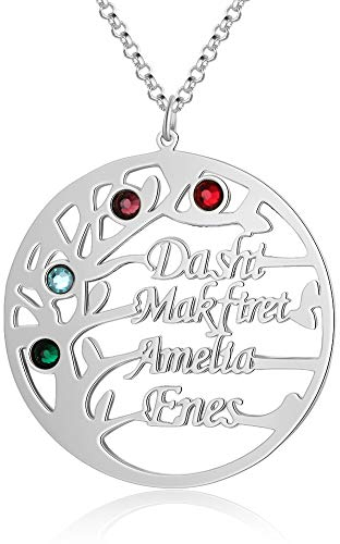 Kaululu Personalised Womens Tree of Life Necklace with Engraved 2 to 4 Family Names Simulated Birthstones BFF 925 Sterling Silver Pendant for Mother Grandma Birthday Jewellery Gift (Silver, 4 name)