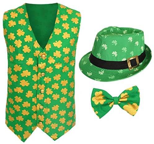 Irish Green Waistcoat Set - XXLarge - Irish Leprechaun Supporter Costume, Green Waist coat and Bowtie and Shamrock Green Trilby Hat with Shamrock Print - St Patricks Day Fancy Dress