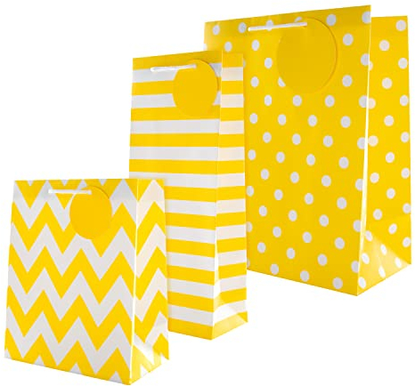 Hallmark Multi Occasion Gift and Bottle Bag Bundle - 3 Bags (Large, Medium & Bottle) in Yellow and White Designs