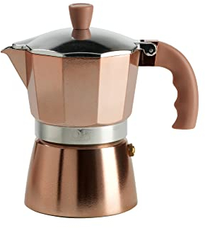 Q.b. FLUO DE by MOPITA, Cafetière 3 tasses en aluminium, Guranition en silicone, poignée anti-brûlure, pour tous les plans de coton, pas d'induction, couleur or rose rose