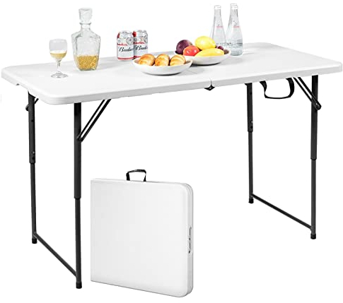 GIANTEX Campingtisch Balkontisch klappbar, Gartentisch 3-stufig höhenverstellbar, Esstisch Klapptisch tragbar mit Griff, Beistelltisch Outdoor wetterfest, Reisetisch Grilltisch für Camping Balkon weiß