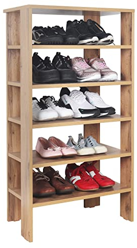 RICOO Schuhregal schmal und hoch 105x55x32cm Standregal Pressholz Eiche Braun WM041-EW, Schuhständer mit 6 Ebenen, Schuhschrank offen, Schuhablagen Flur Shoe Rack, Schuhablage klein, Schuhregale