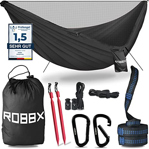 ROBBX® Hamac d'extérieur avec moustiquaire pour 2 personnes | Charge maximale 300 kg | Hamac double avec kit de fixation | Hamac de camping en nylon | 290 x 140 cm Noir