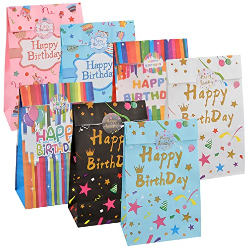 Jinlaili 14Stk Papiertüten für Kindergeburtstag, Bunte Geschenktüten, Geburtstag Geschenktüten Kraftpapier, Süßigkeiten Tüten, Präsenttüten mit 12 Aufkleber für Mädchen Jungen Kinder Geburtstag Party