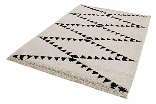 Rocco RC03 Teppich, marokkanischer Tribal, Berber, Fransen, Rosa, Grün, Creme, Anthrazit, Senf und Blau, 160 x 230 cm, cremefarben