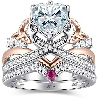 JewelryPalace Claddagh Celtic Knot Herz 2ct Zirkonia Promise Ring Damen, Infinity Verlobungsring Silber 925 Rosegold Frauen, Unendlichkeit Hochzeitsring Trauring Ehering Rubin Vorsteckring Band Set 49