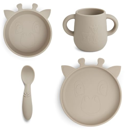 Nuuroo Baby Silicone Dinner Set – 4 Pack, Kids Plates with Spoon & Cup, Silicone Baby Tableware, BPA-Free, Dishwasher Safe Toddler Feeding Set, Designed in Denmark (Cobblestone)