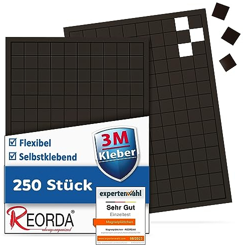REORDA® Magnetplättchen selbstklebend (250 Stück) - Magnetstreifen - 3M Kleber ermöglicht stärkste Klebekraft - Flache Magnete I Magnetfolie selbstklebend