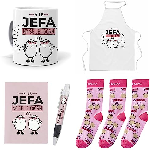 Que Regalar para jefas. A la jefa no se le tocan los Huevos. Taza,Delantal, libreta, boli y Trio de Calcetines