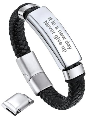 Bandmax Personalisiertes Armband Herren Lederarmband Magnetverschluss Flechtarmband Exquisiter Armreif Manschette Armband Rock Punk Accessoire Armschmuck Länge 23 CM