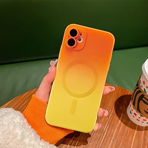 UEEBAI Magnetic Case for iPhone 12 6.1 inch, Bi-color Case Compatible with MagSafe Charger Silicone Cover with Camera Lens Protector Soft Silicon Phone Case - Orange Yellow