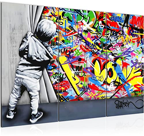 Runa Art Tableau Decoration Murale - Behind the curtain Peinture - Salon - XXL 120 x 80 Cm - Graffiti Street Art - 3 Parties - 043531a